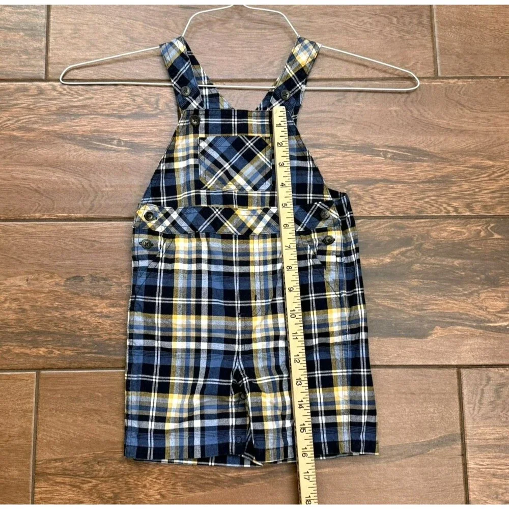 Janie Jack Baby Boy 6M-12M Plaid Overalls Blue Yellow Shortall 100% Cotton